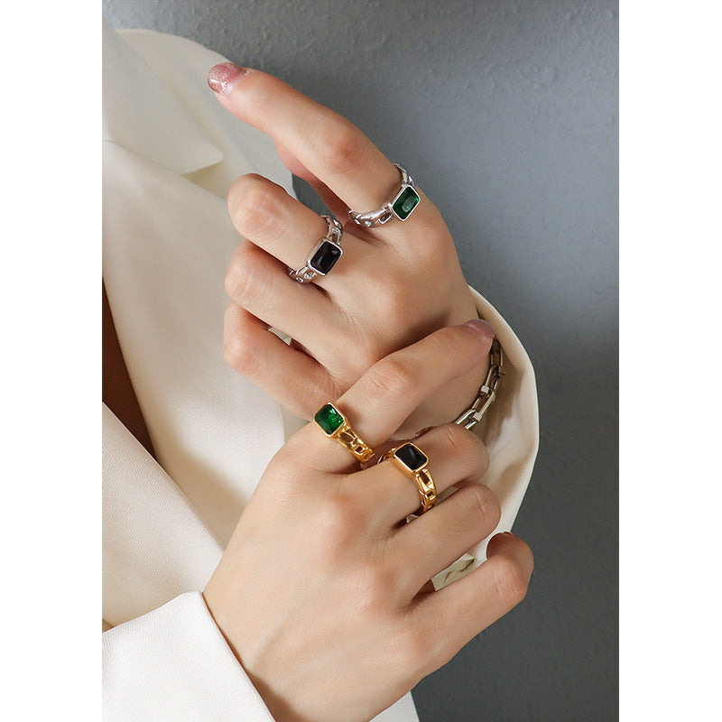 Modern Black Square Zircon Cut Open Ring - Women's Titanium Steel Plated 18K Gold Jewelry