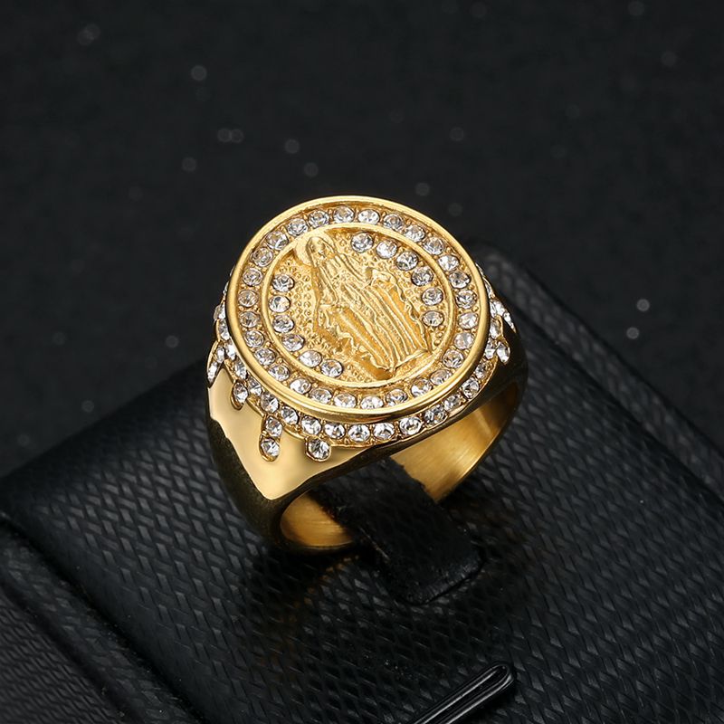 Planderful Virgin Mary Ring For Men Stainless Steel Gold Plated Zircon Hip Hop Jewelry