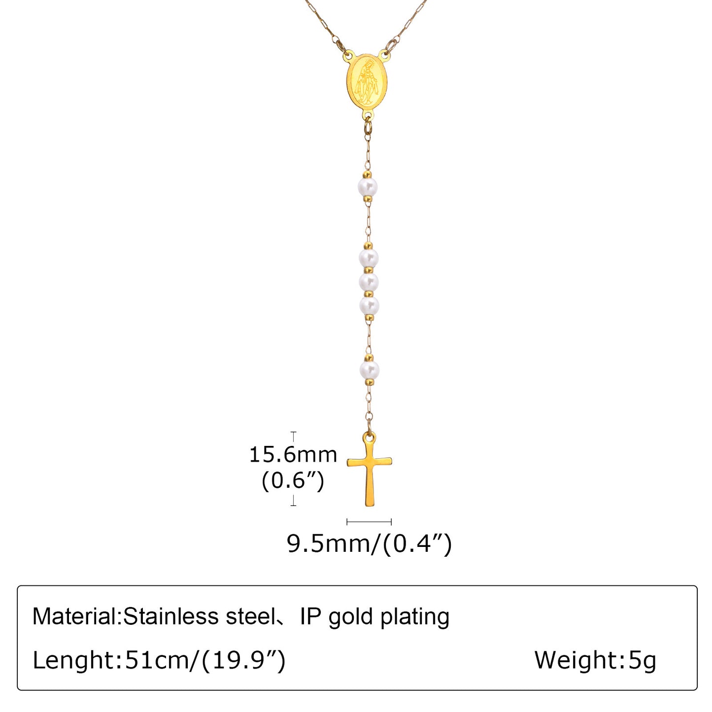 Ladies Stainless Steel Virgin Mary Cross Beaded Necklace Gold