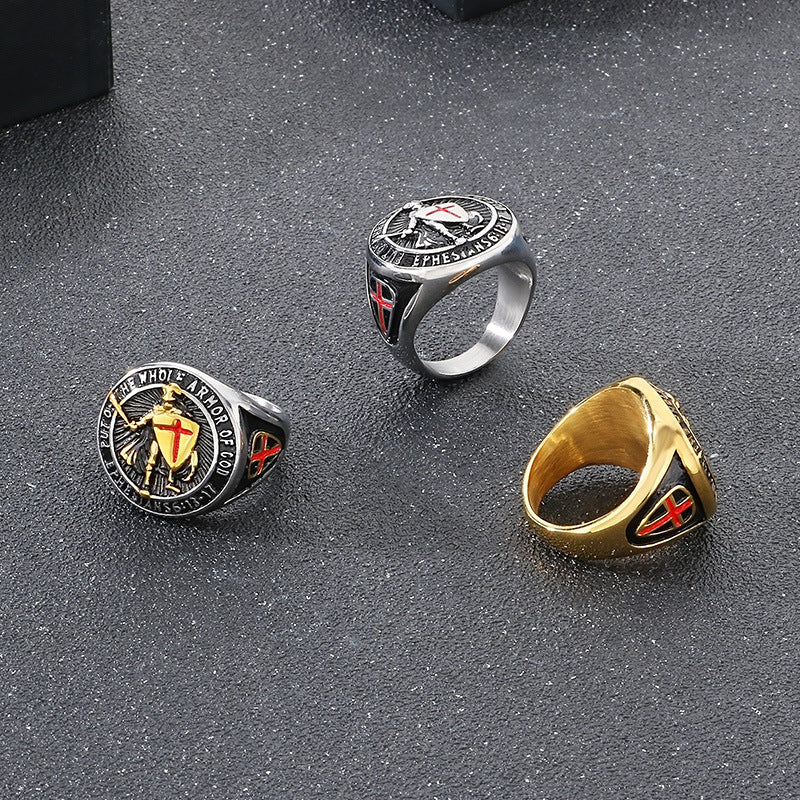 Planderful Men Epoxy Red Cross Shield Ring Hip Hop Style