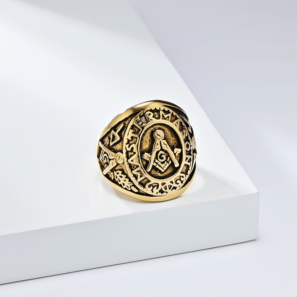 Planderful Freemasonry Ring For Men Titanium Steel Durable Vintage Logo Fraternity Jewelry