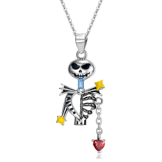 Halloween Skull Skeleton Pendant Zircon Silver Necklace