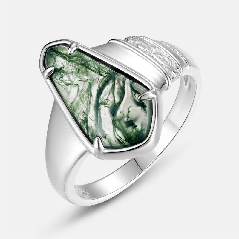 Planderful Jewelry Green Moss Agate Ring In Sterling Silver S925 With Modern Geometric Silhouette