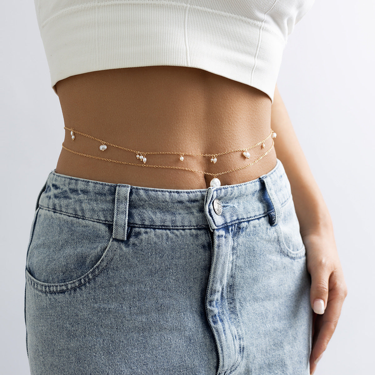 Beach Minimalist Style Imitation Pearl Corn Grain Waist Decoration and Summer Tassel Body Chain