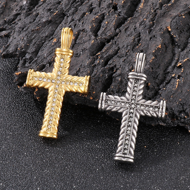 Retro Hip-Hop Wheat Ear Cross Pendant for Men - European & American Style with Zircon and Stainless Steel