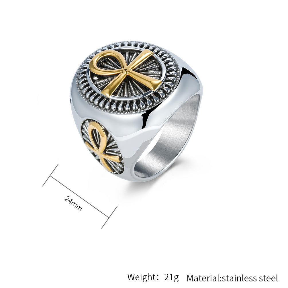 Planderful Anka Cross Titanium Ring For Men And Women Retro Egyptian Life Talisman Stainless Steel Jewelry