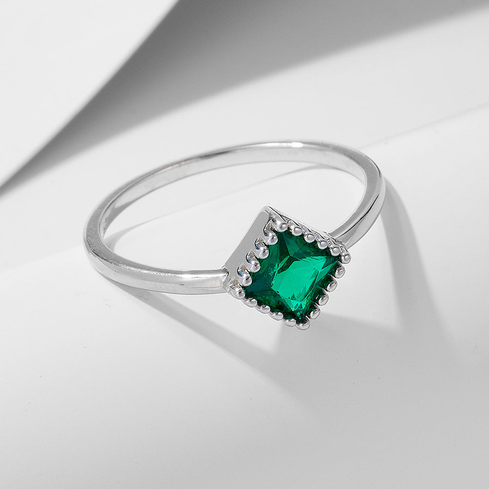 Square Emerald Colour Zircon Silver Ring