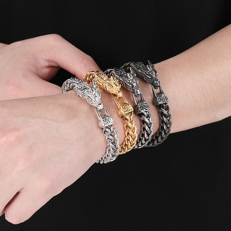 Planderful Zodiac Dragon Titanium Steel Mens Bracelet