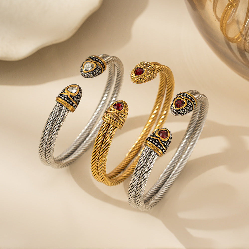 Planderful Unisex Stainless Steel Double Layer Twisted Wire Bracelet Red Zircon Gold Snake Head Clasp