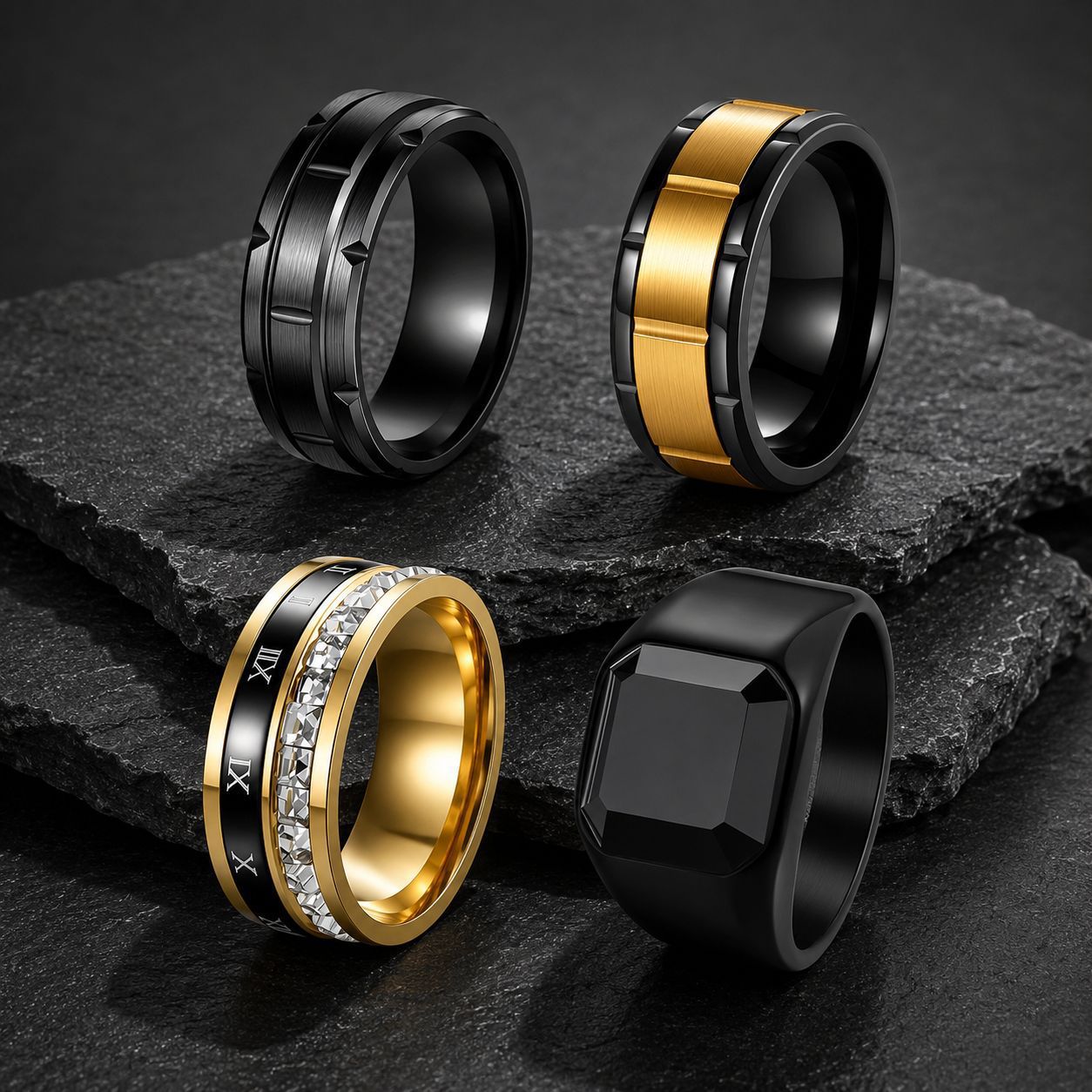 Planderful Everyday Genie Stainless Steel Gear Pattern Ring Versatile For Men And Unisex Zircon Inlaid Black Stone