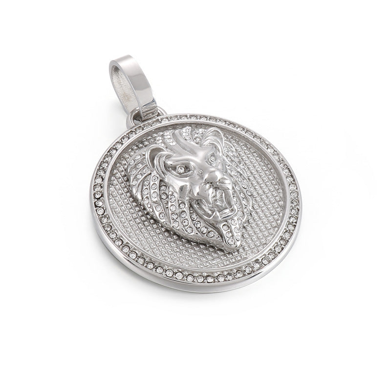 Rock Hip Hop Round Pendant, Retro Electroplated 18k Gold Slightly Inlaid Zircon Lion Necklace