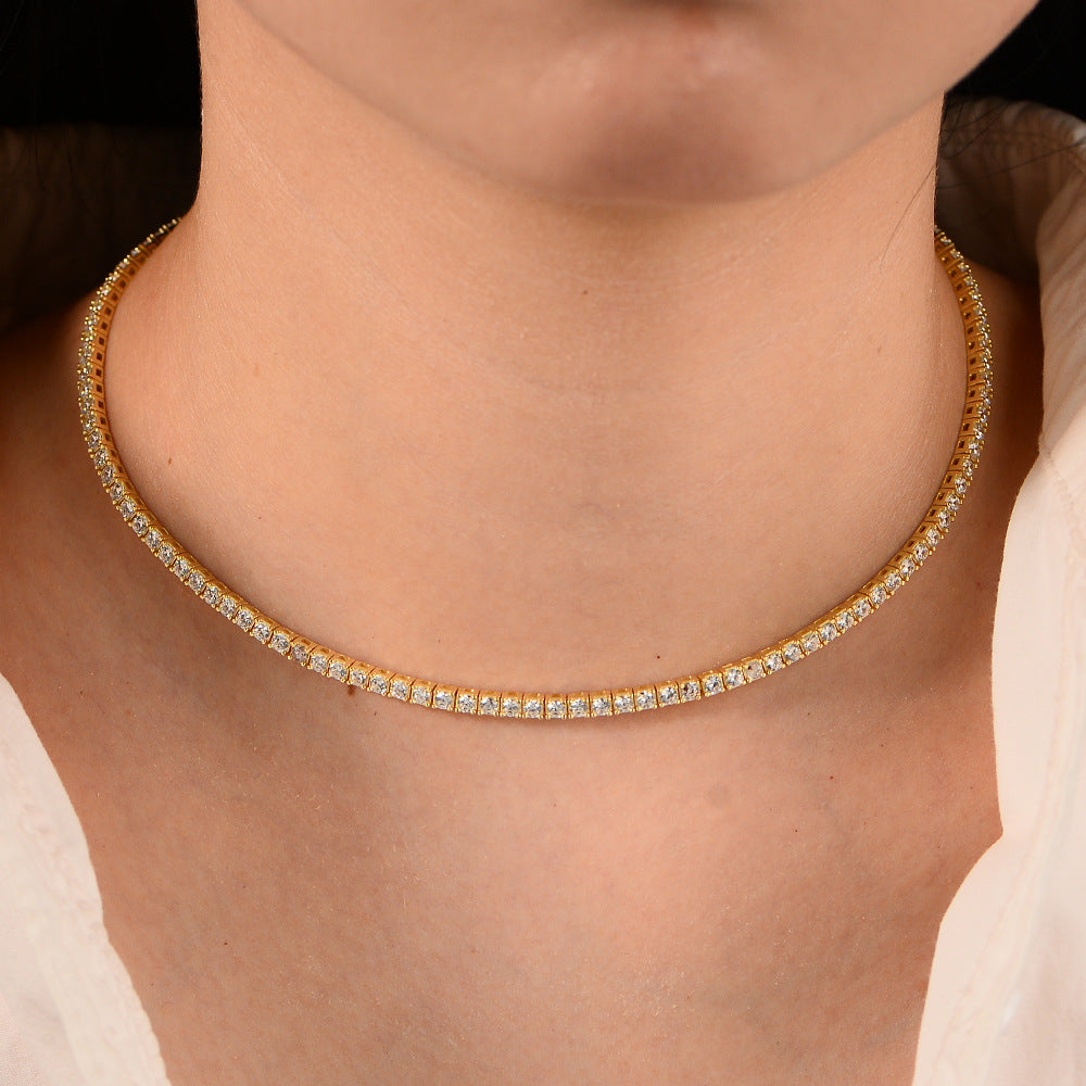 S925 Sterling Silver Gold-Plated Full Zircon Tennis Necklace Hip-Hop 2.5mm Single-Row