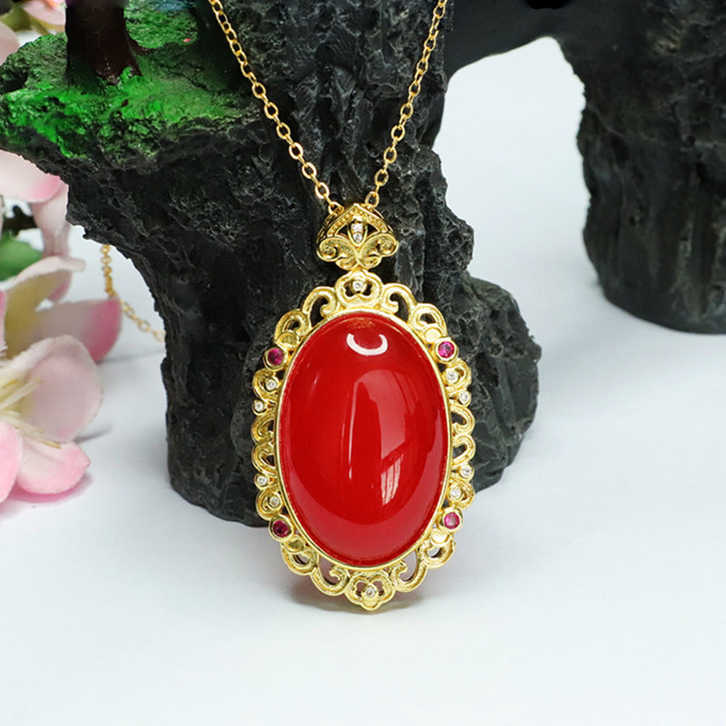 Ice Blood Oval Red Agate Pendant