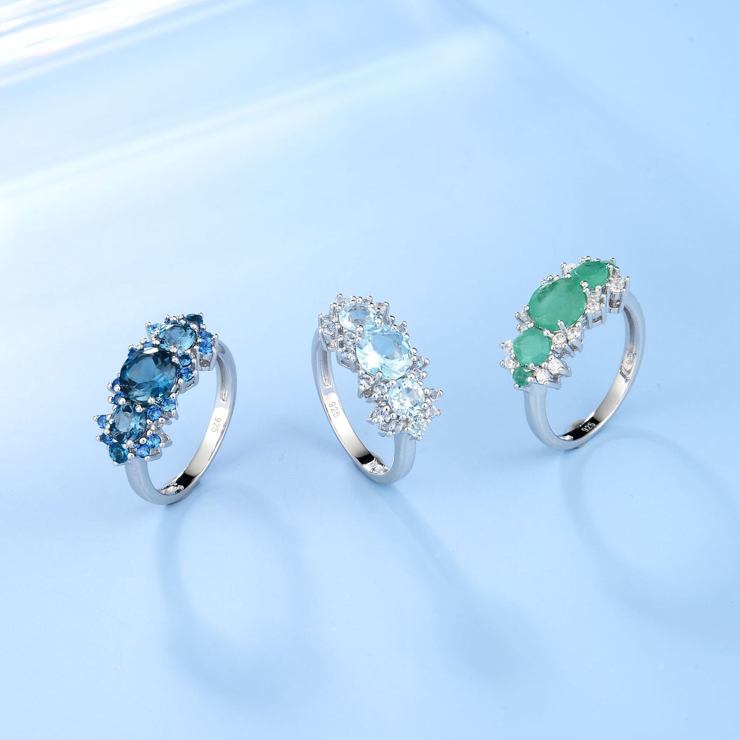 Three Round Natural Gemstones Halo Silver Rings