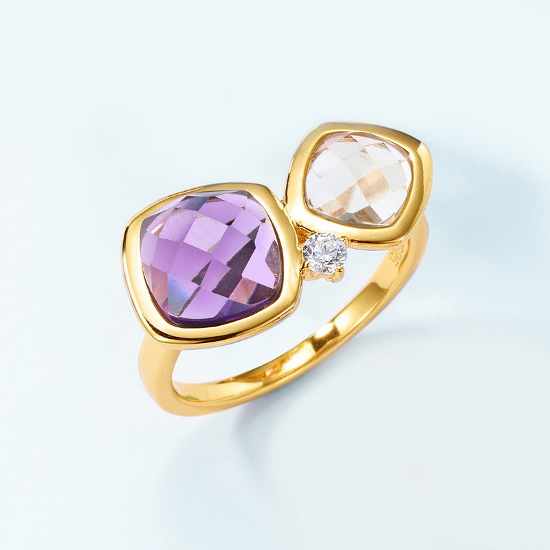 S925 Sterling Silver Crystal Double-Stone Adjustable Ring