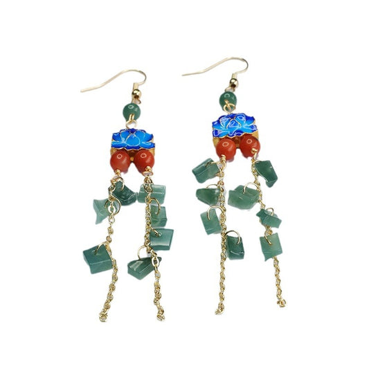 National Wind Jade Tassel Earrings with Sterling Silver Ear Hooks and Blue Enamel Lotus Symbol