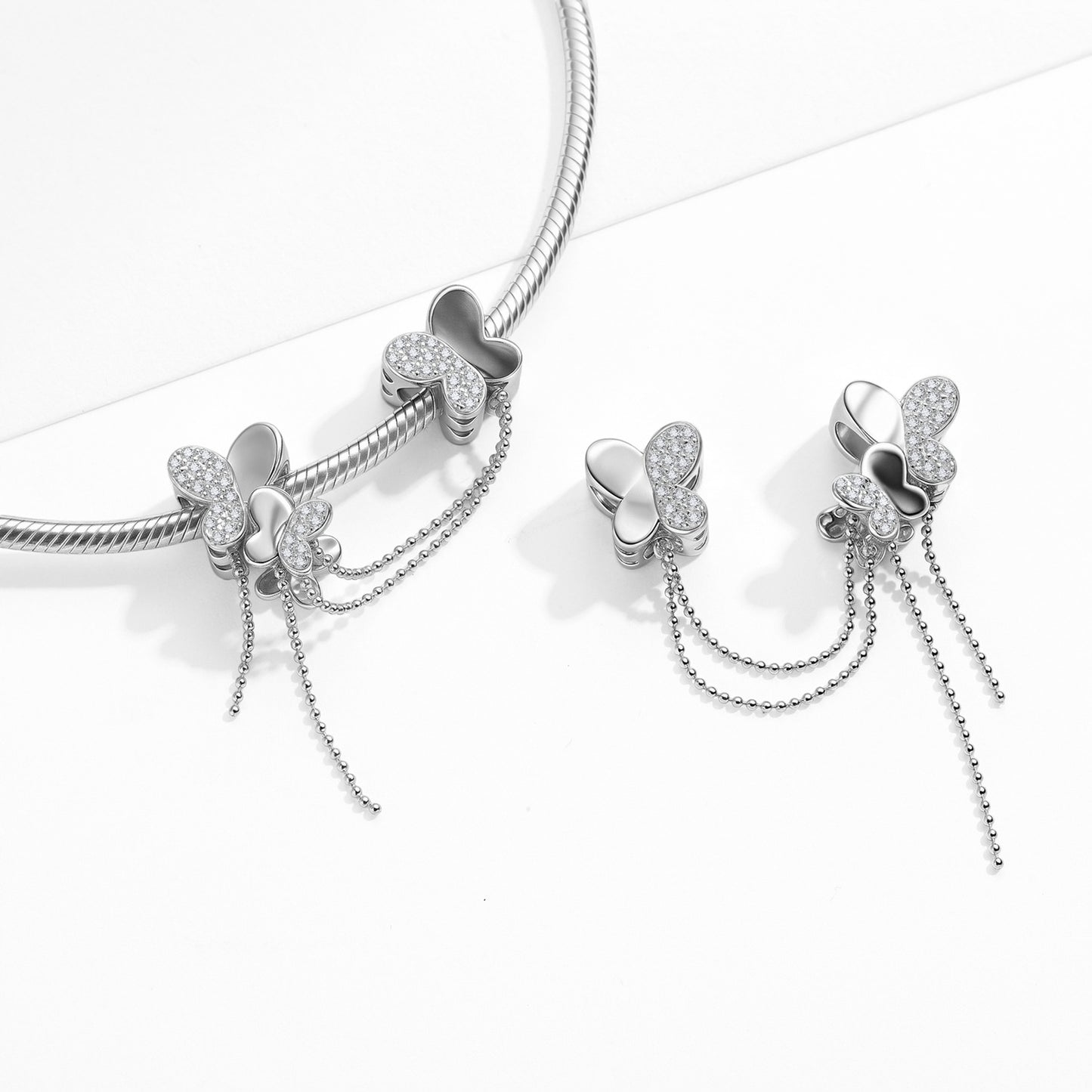 Planderful Jewelry Butterfly S925 Sterling Silver Beading Pendant Bracelet With White Zircon Inlay