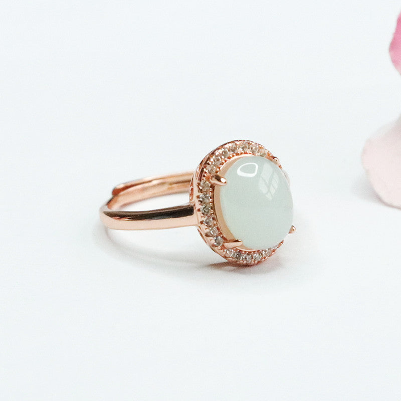 Sterling Silver Oval Jadeite Zircon Halo Ring