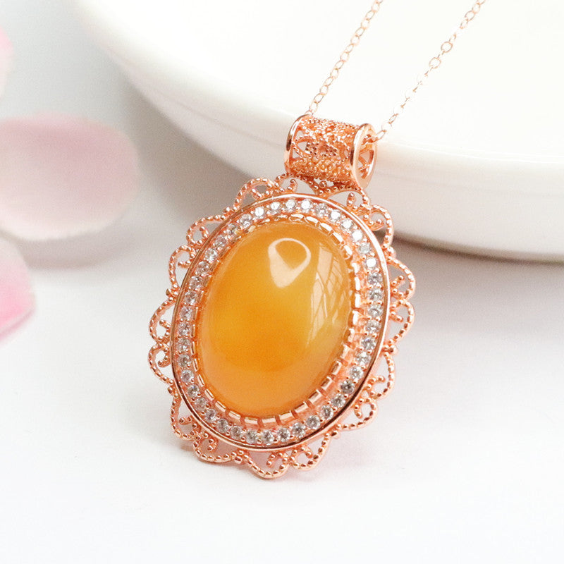 Honey Amber Pendant with Zircon Rose Gold Necklace