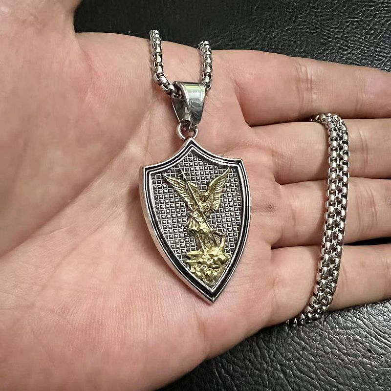 Steel Necklace - Vintage Saint Michael Shield Pendant