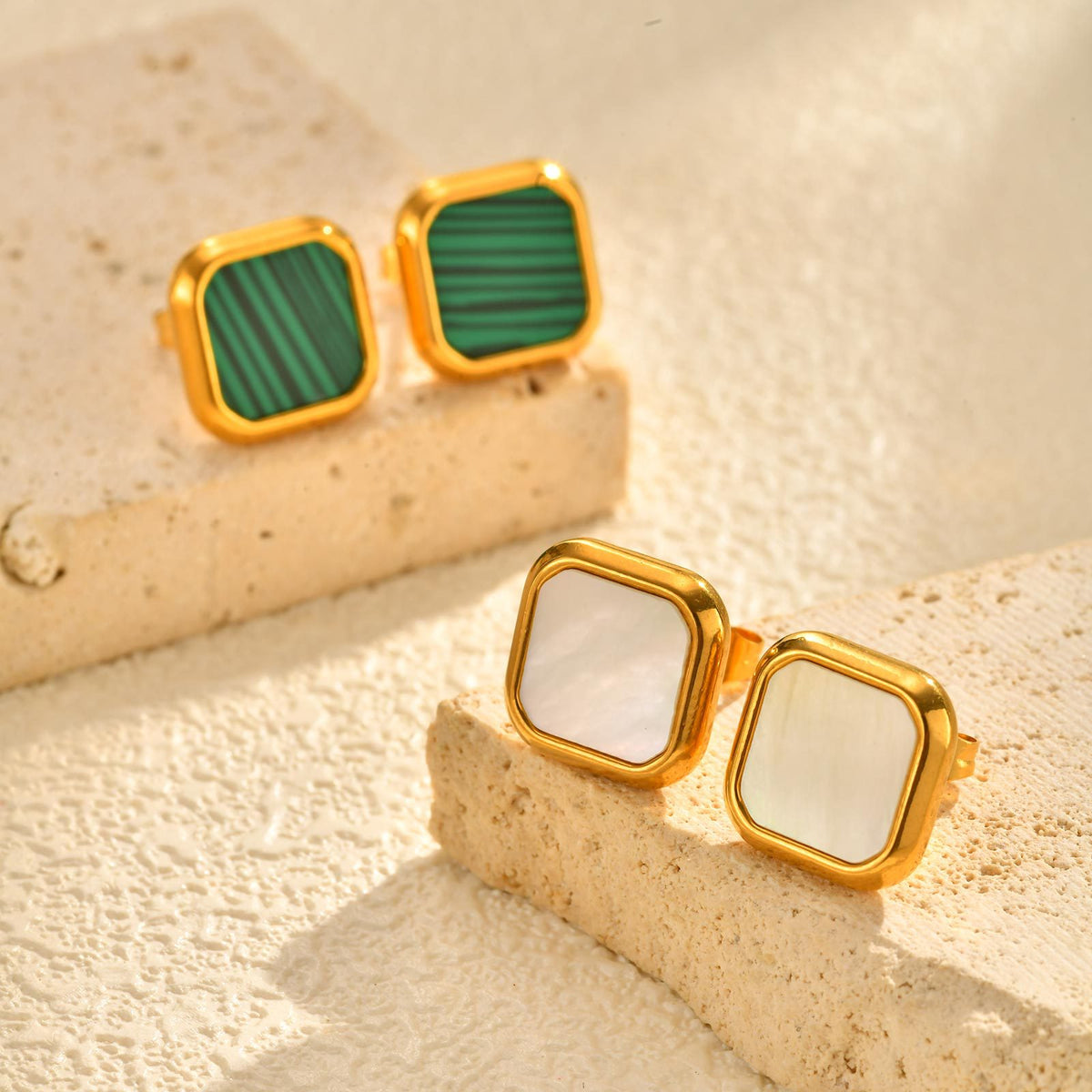 Gold-Tone Inlay Earrings — Shell or Malachite