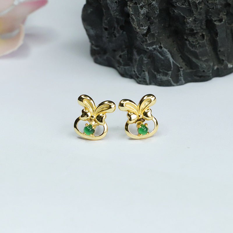 Icy Green Jadeite Bow 925 Silver Stud Earrings