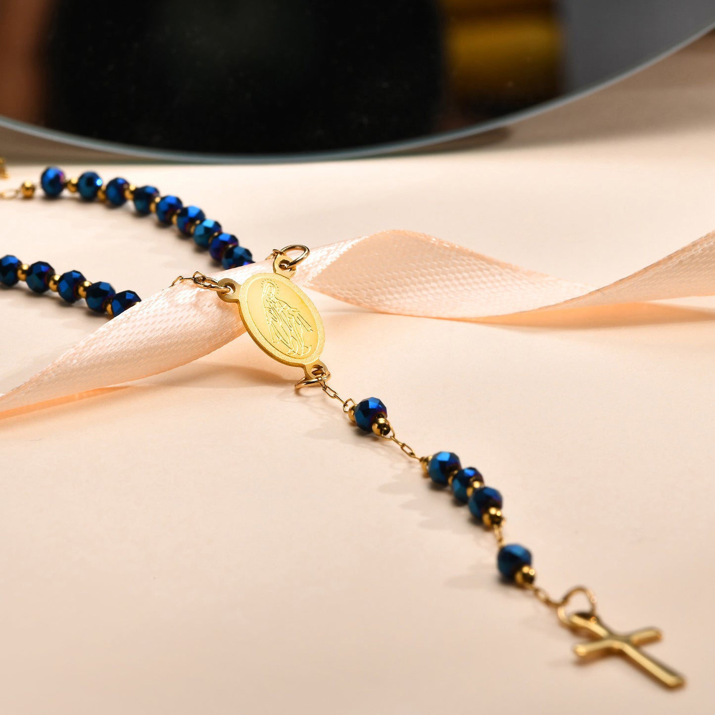 Ladies Stainless Steel Virgin Mary Cross Beaded Necklace Gold