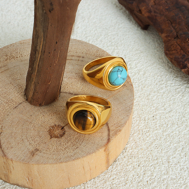 Luxury Tiger's Eye and Blue Turquoise Titanium Steel Couple Ring