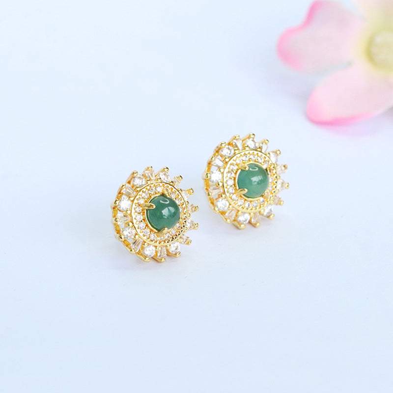 Blue-Water Jadeite Sunflower Stud Earrings