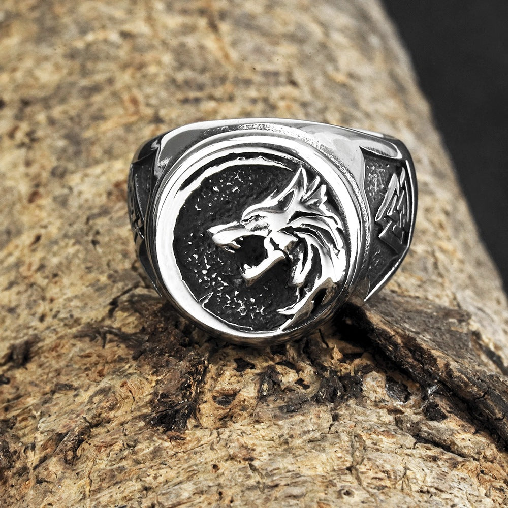 European and American Jewelry Wholesale Men's Titanium Steel Ring Retro Viking Wolf Head Logo Ring