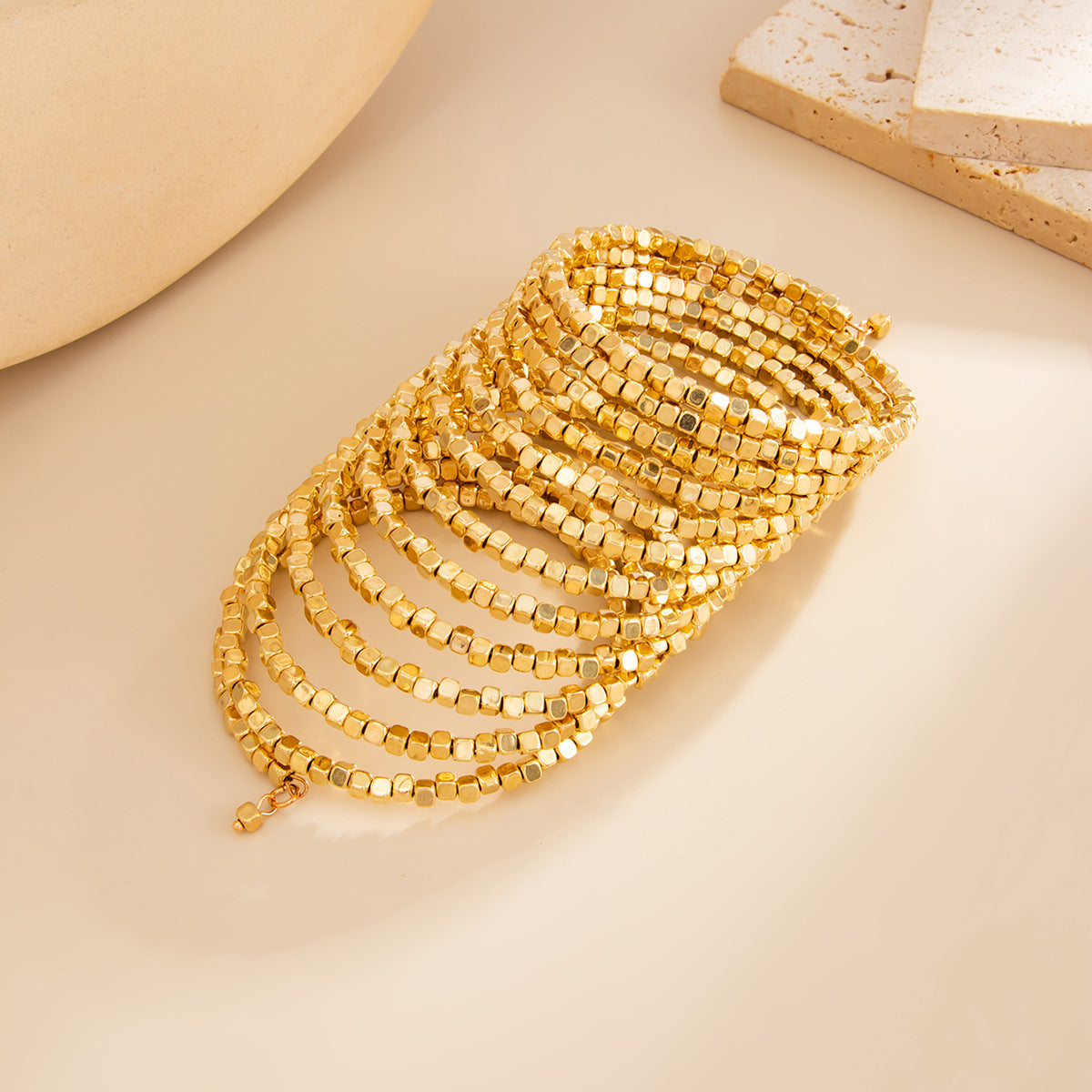 Planderful Vienna Verve Elastic Silver Beaded Bracelet For Women Retro Square Design Statement Jewelry