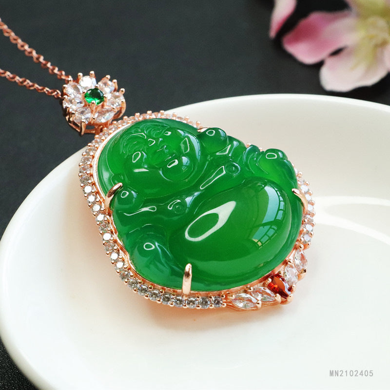 Green Chalcedony Buddha Rose-Gold-Tone Pendant — No Chain