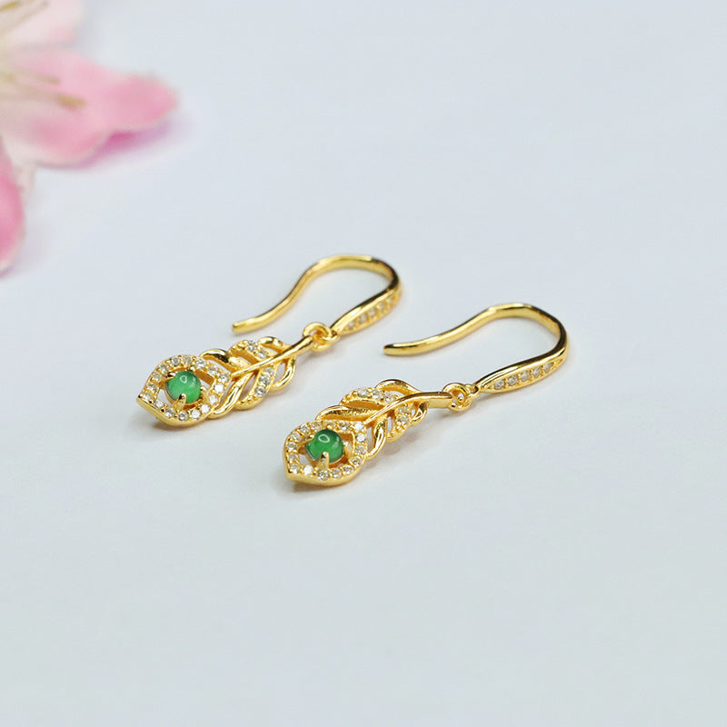 Icy Green Jadeite Leaf 925 Silver Hook Earrings