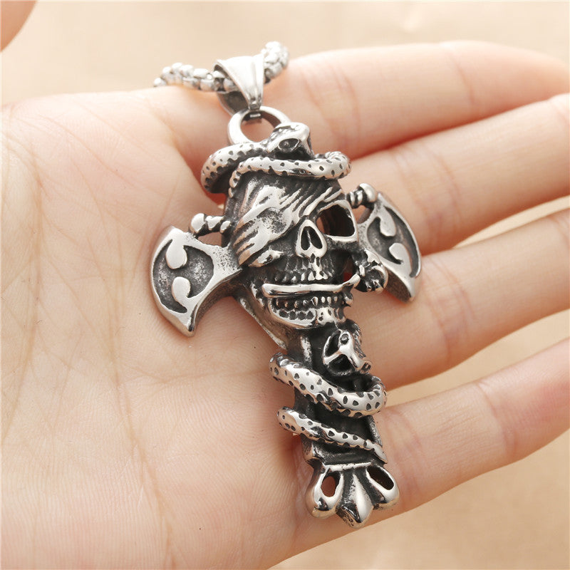 Punk-Inspired Titanium Steel Skull Snake Pendant Necklace for Men