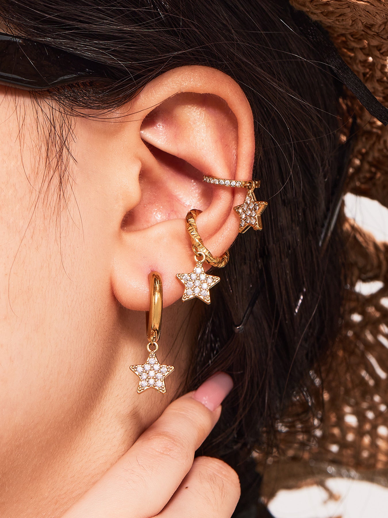 Planderful Zirconium Pentagram Earrings 18K Goldplated Bold