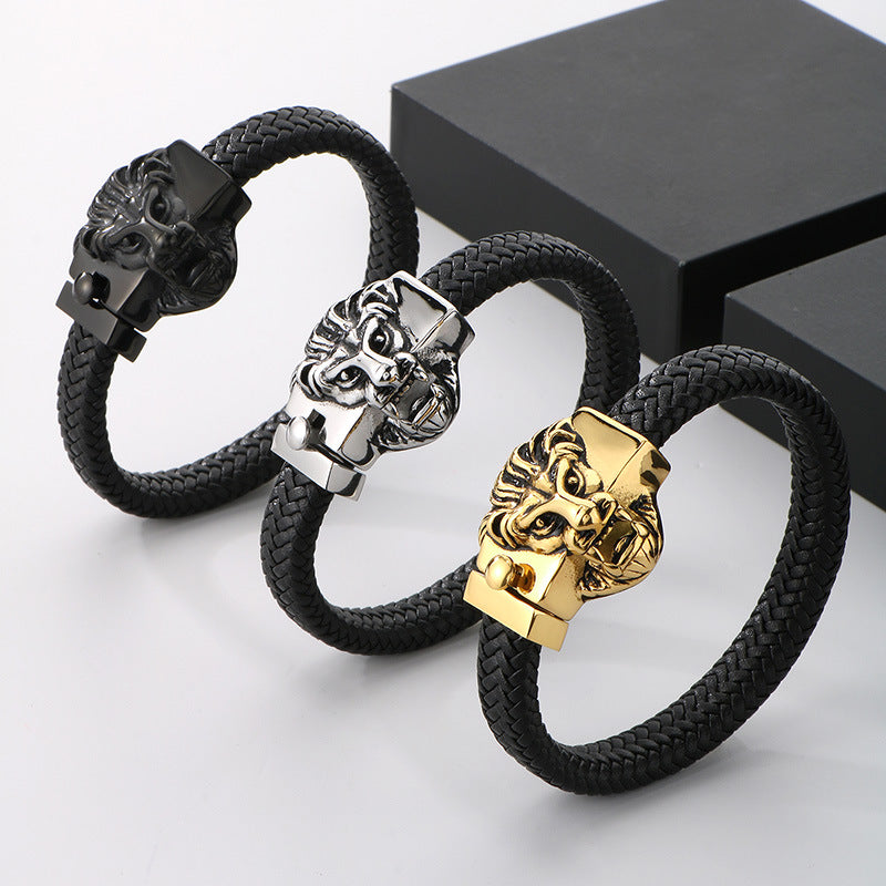 Planderful Mens Leather Bracelet Lion Head Titanium