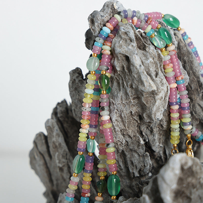 Green Agate Drop Stone Handmade Beaded Necklace with Metal Accents