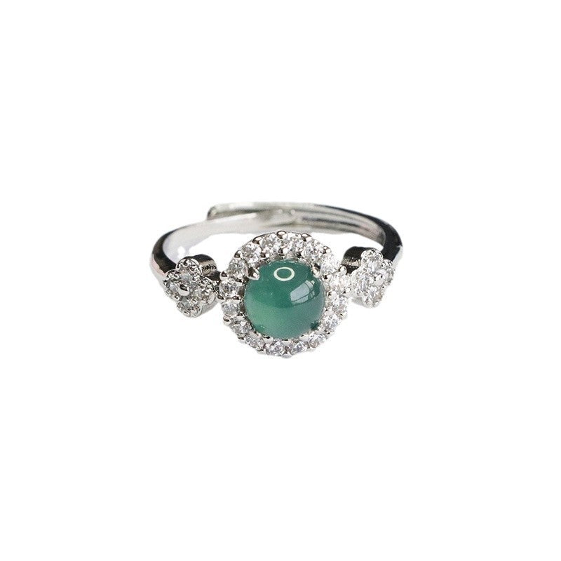 Blue Water Jadeite Prong-Set Four-Leaf Clover Ring