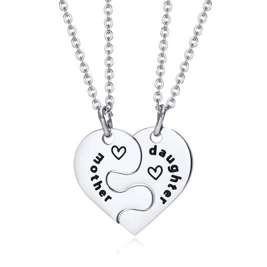 Stainless Steel Mother Daughter Puzzle Heart Pendant Necklace