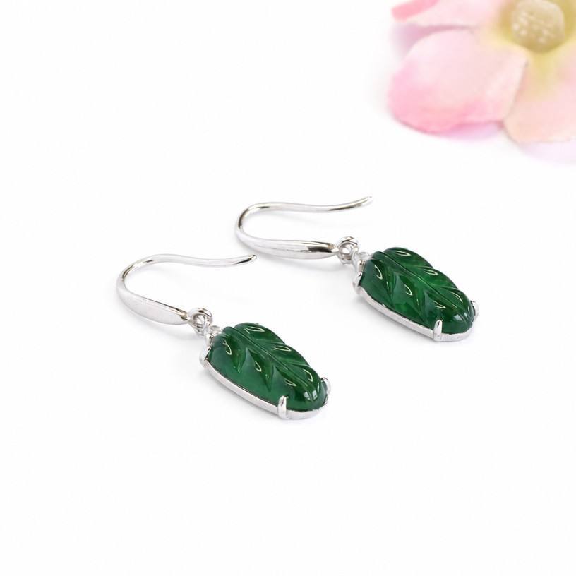 Jadeite Leaf 925 Silver Hook Earrings