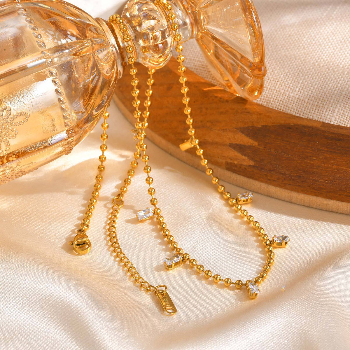 Stainless Steel Bead Chain White Square Zircon Gold Necklace Female