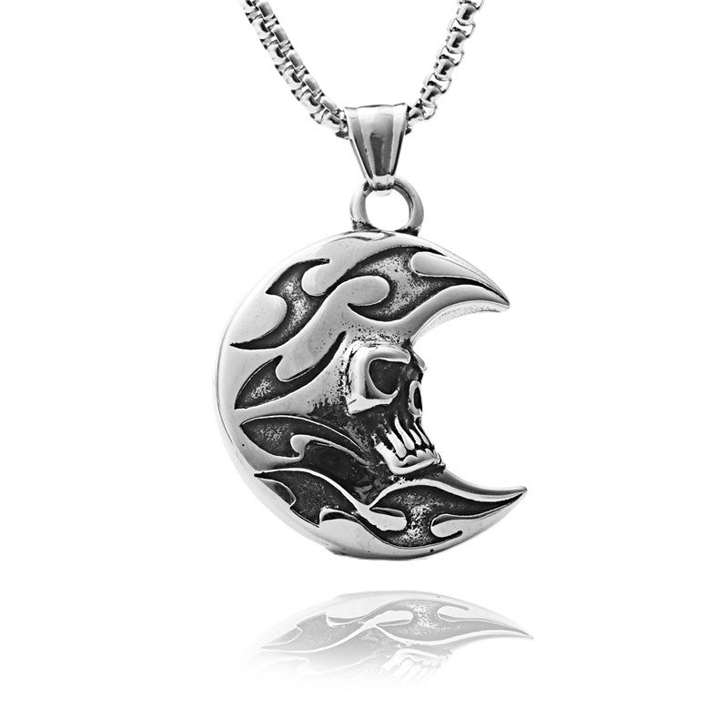 Punk-Inspired Titanium Steel Moon Skull Pendant Necklace for Men
