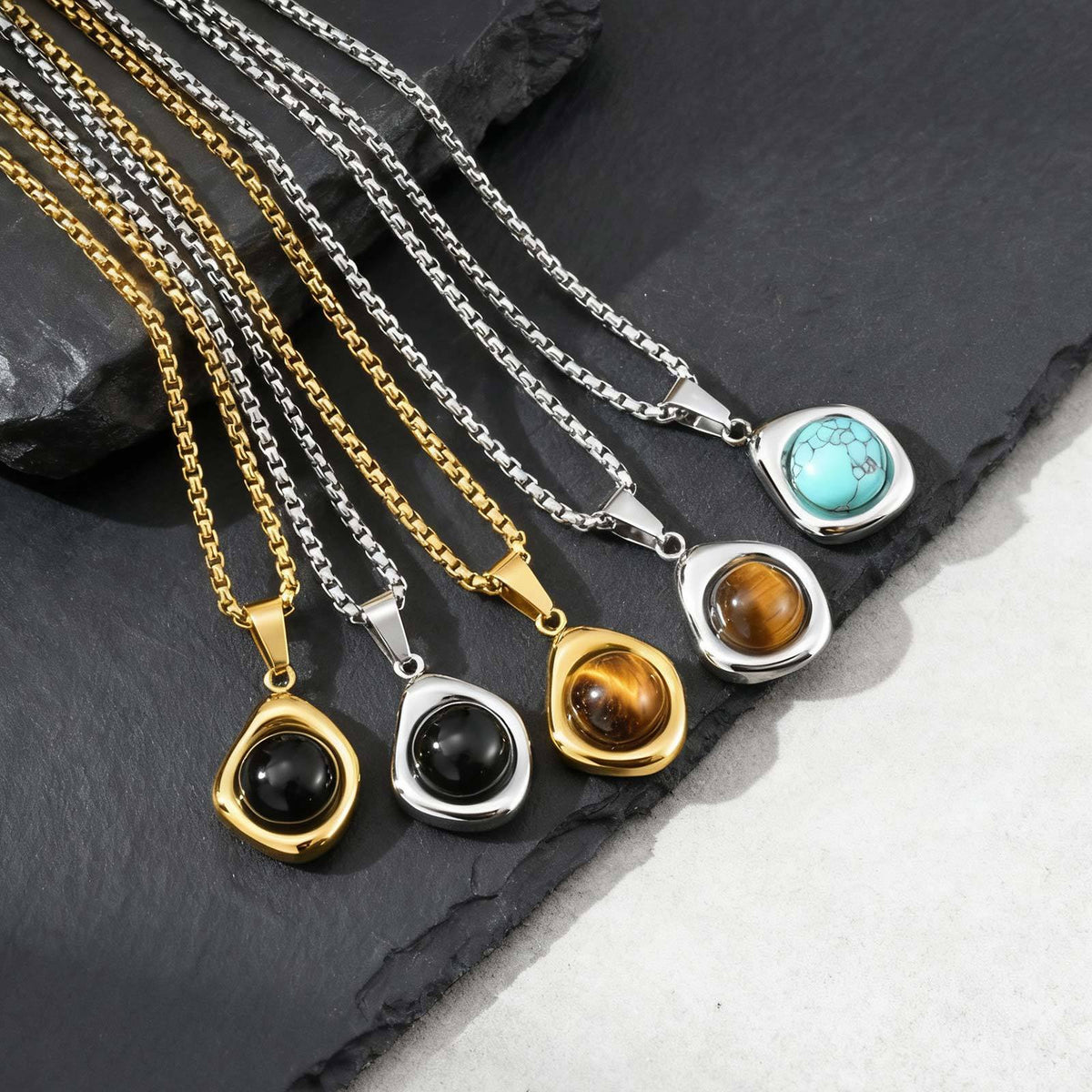 Stainless Steel Stone-Inlay Pendants — Chain Optional