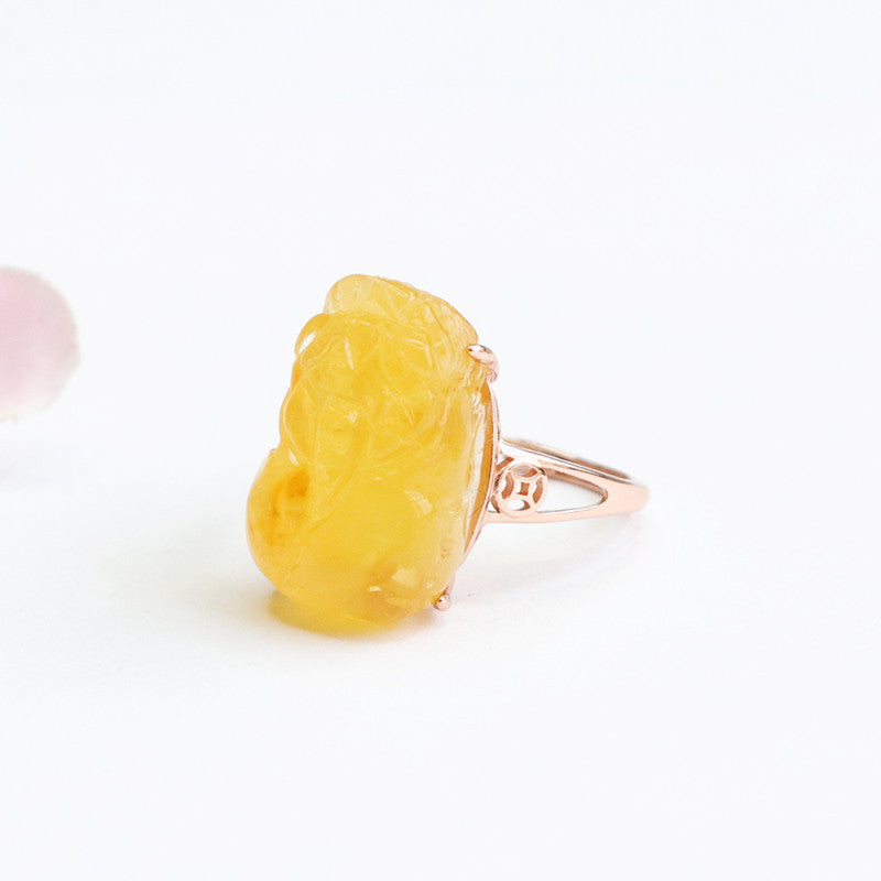 Sterling Silver Pixiu Ring with Genuine Beeswax Amber