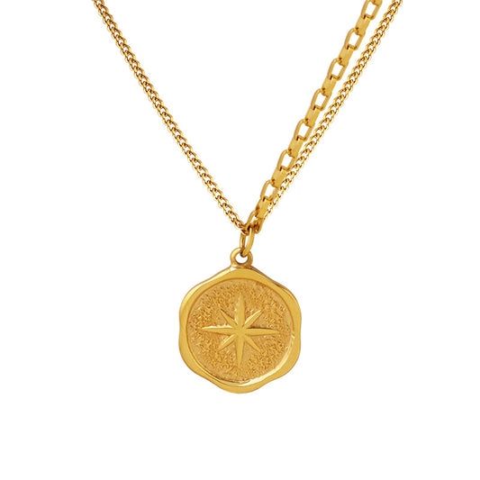 Golden Double Chain French Star Pendant Necklace - Elegant Titanium Clavicle Chain