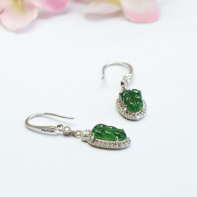 Icy Green Jadeite Leaf Halo 925 Silver Hook Earrings