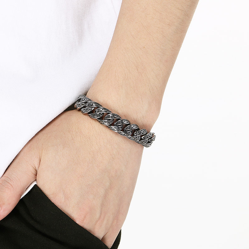 Cast Pattern – Punk Style 13mm Tang Grass Pattern Cuban Chain Titanium Steel Men's Bracelet