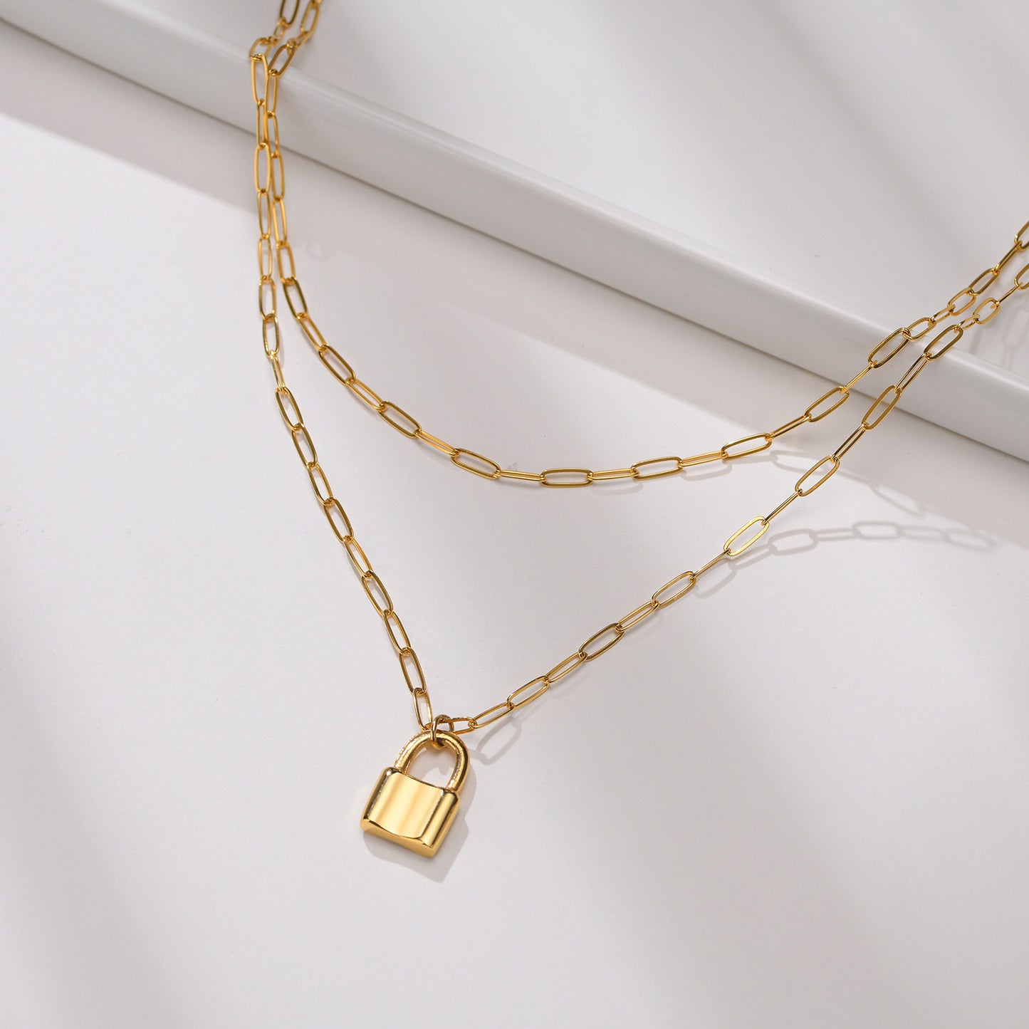 Stainless Steel Flat O-Chain Lock Head Pendant Necklace Gold