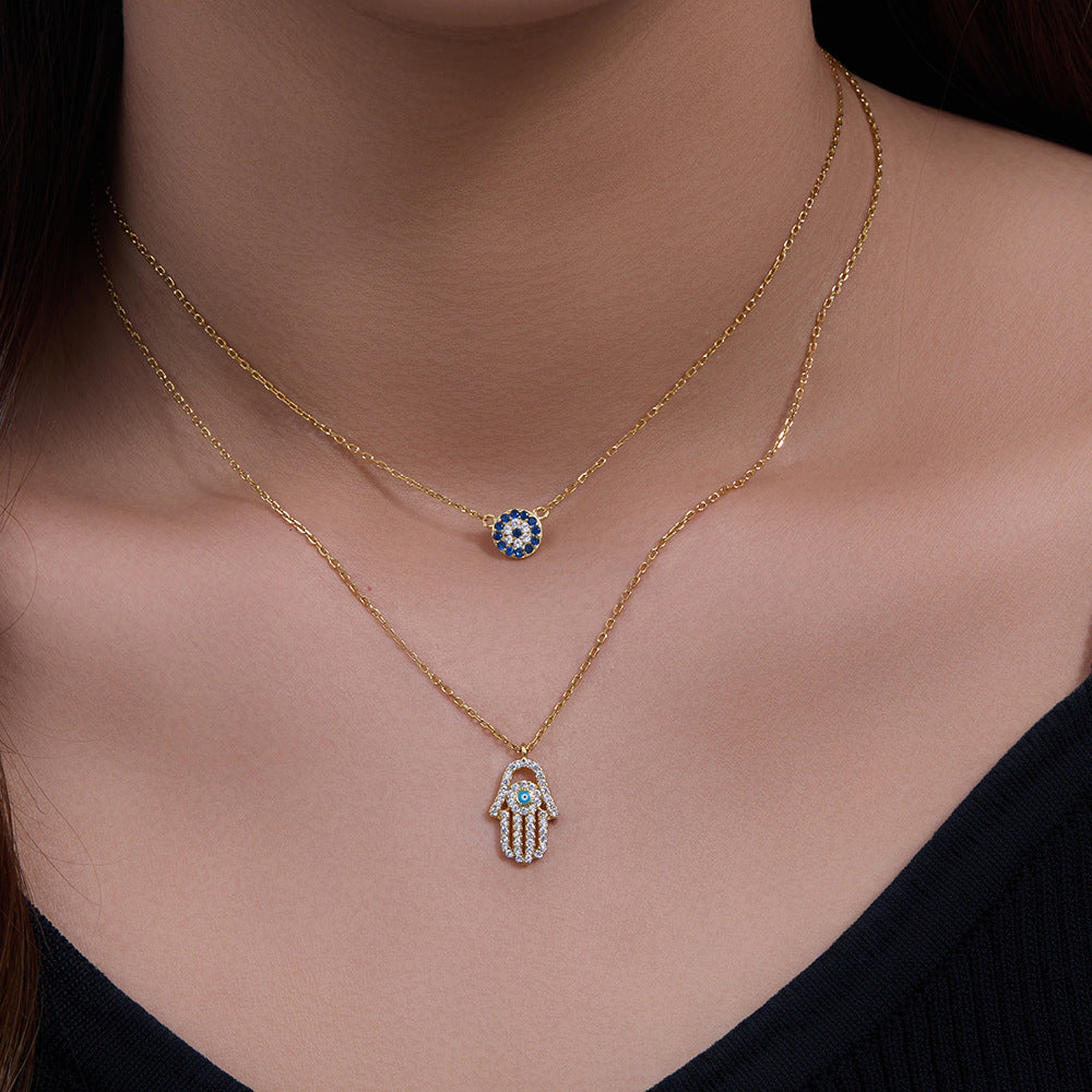 S925 Sterling Silver Shi Family Demon's Eye Hamsa Palm Double-Layer Necklace