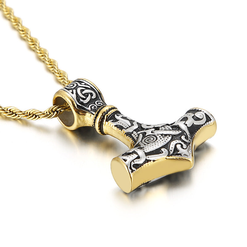 Men's Vintage Thor's Hammer Skull Necklace, Customizable Titanium Steel Pendant, Various Designs Available for Men